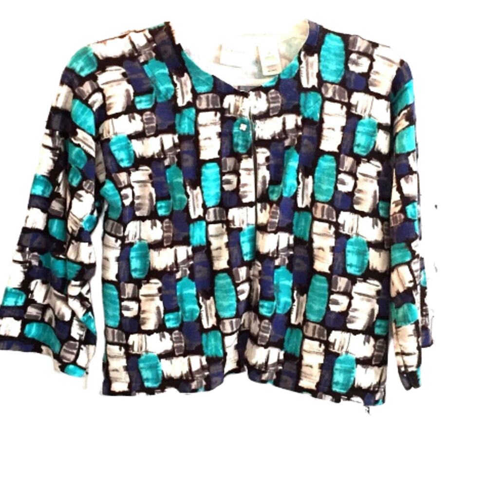 Emma James Sweater Womens Small Cropped Cardigan Blue Gray Black Artsy Print